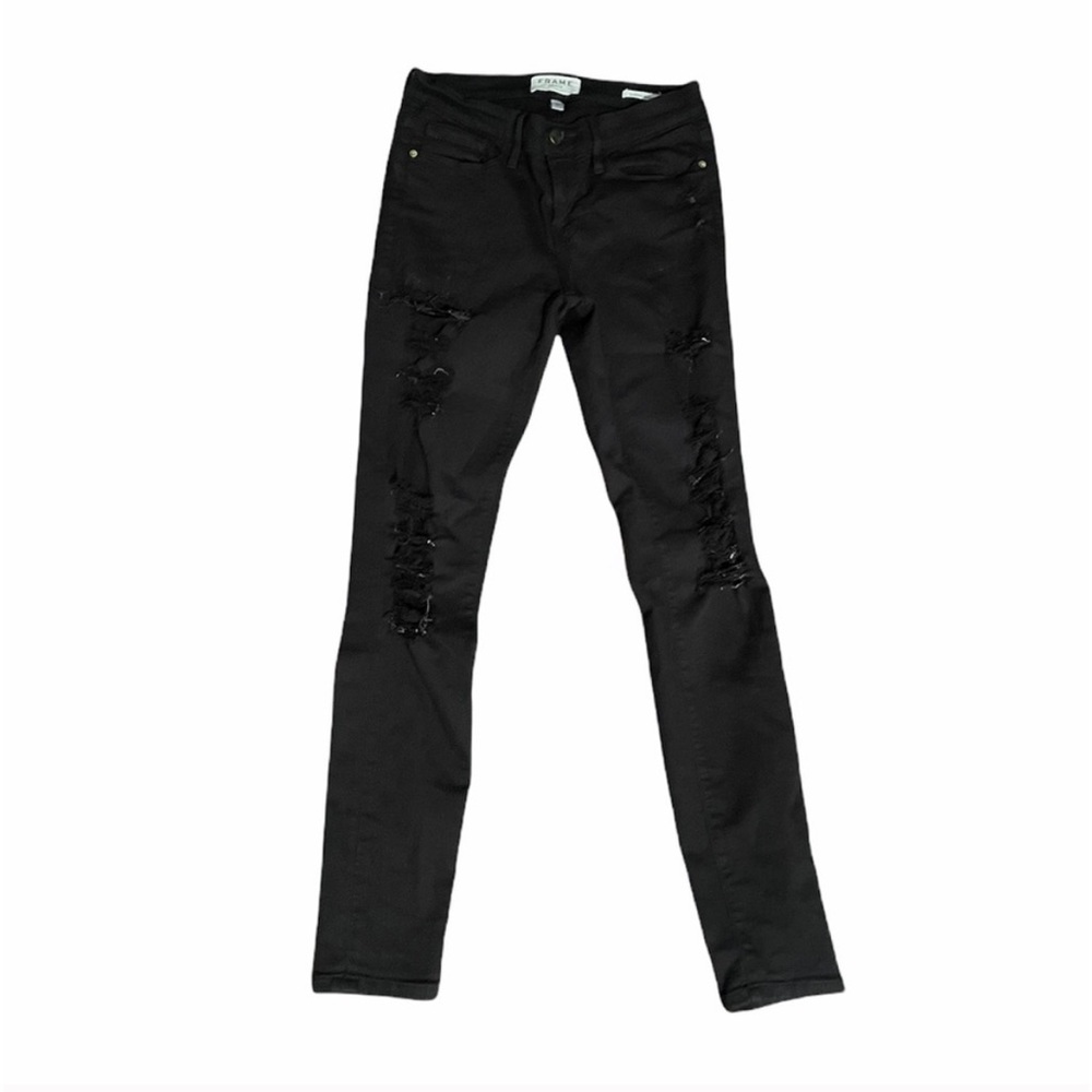 Frame Distressed ripped neutral black wash denim skinny jeans size 26 - Picture 2 of 13